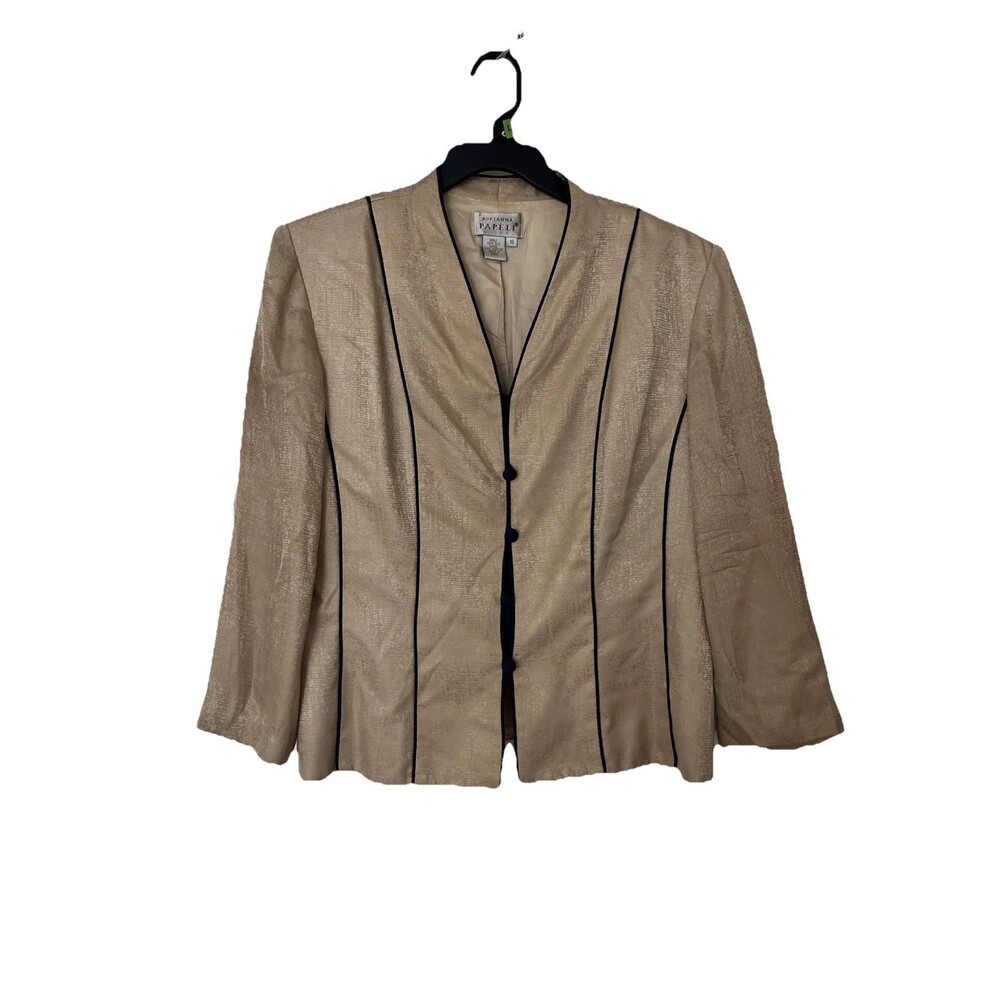 Vtg Adrianna Papell Silk Blazer Tan jacket Size 16 Lined Classic Contrast Trim